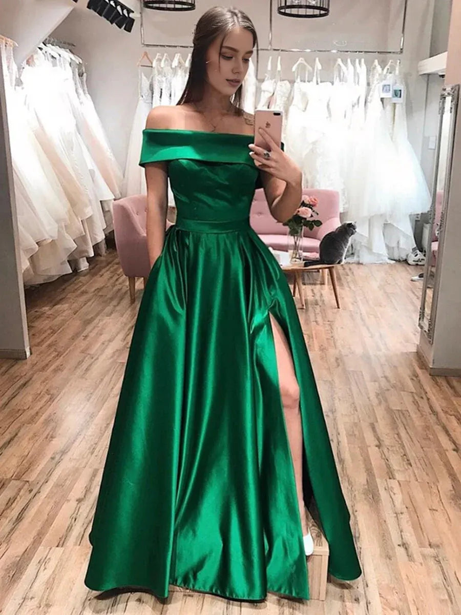 Vestido Weitese elegante de corte A con hombros descubiertos, satén, largo, formal, para fiesta de graduación con abertura lateral